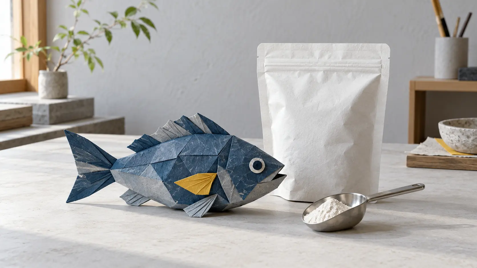 A handmade paper fish beside a bulk ingredient pouch and a scoop of white powder