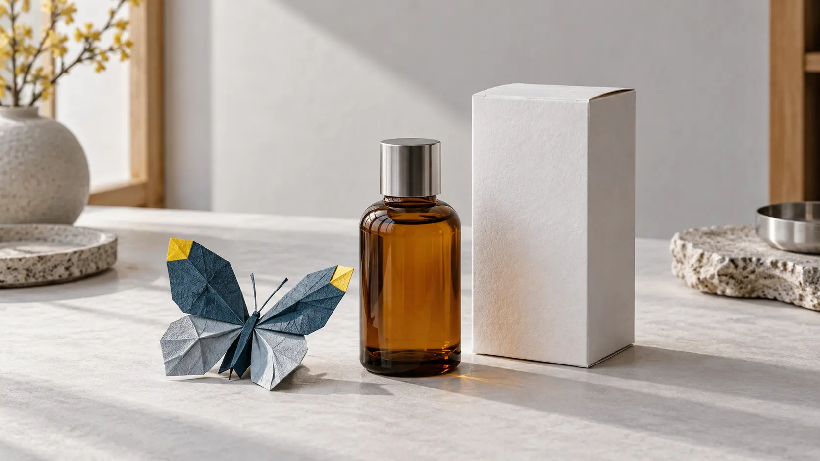 A handmade paper butterfly beside an amber beauty-drink bottle and carton concept