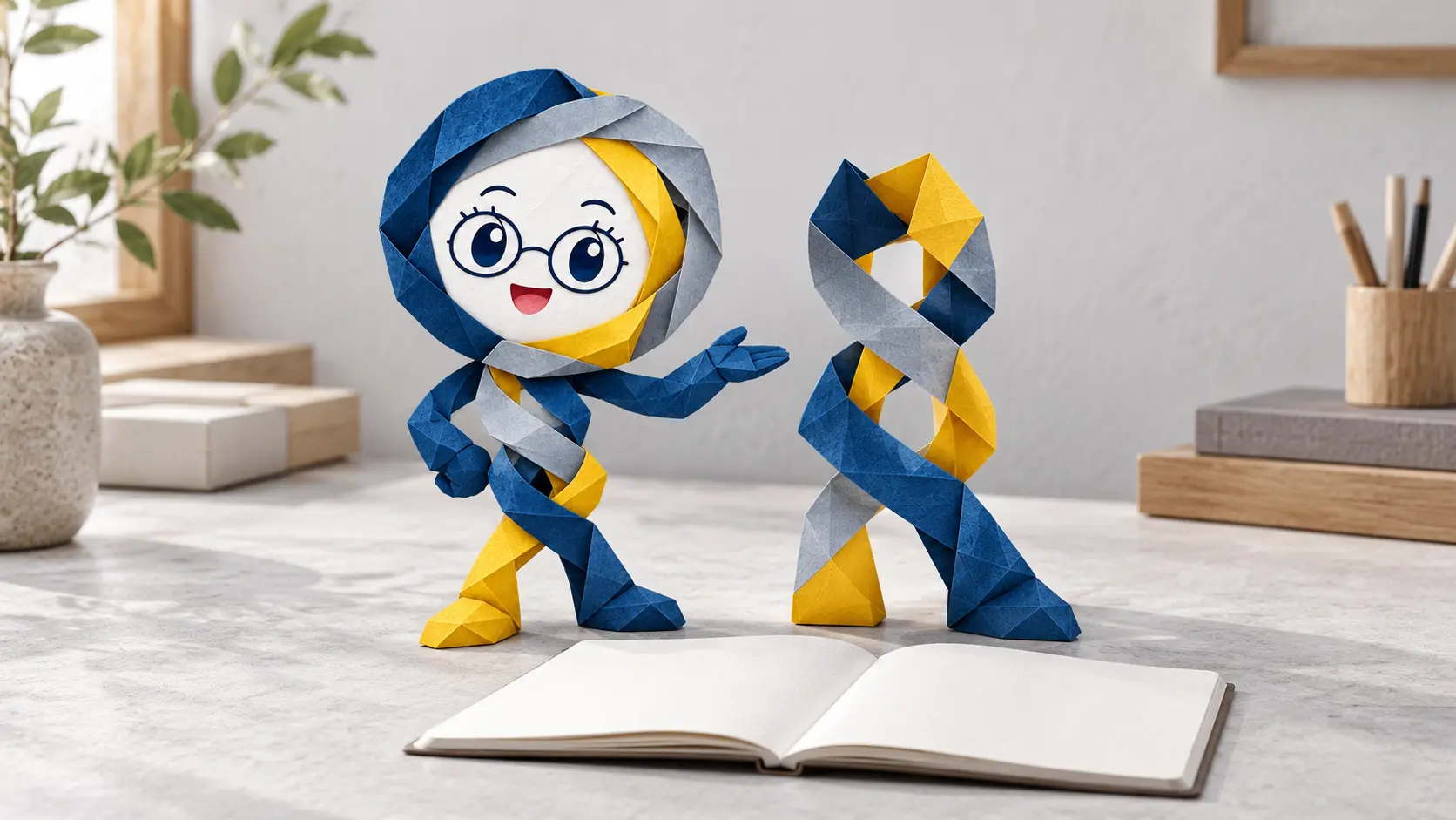 Origami Itoha presents interwoven paper threads beside an open notebook