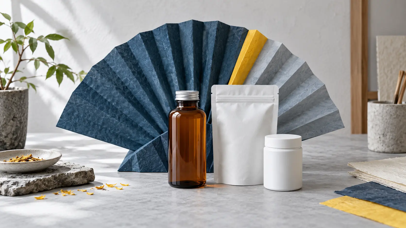 An open washi paper fan beside drink, powder and tablet packaging concepts