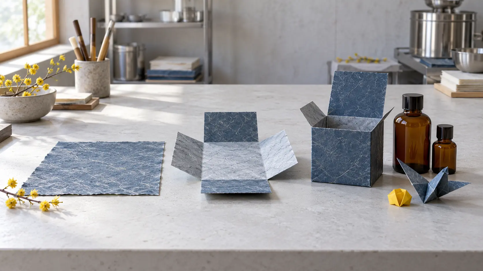 Paper folding stages and blank bottles illustrate careful step-by-step product development