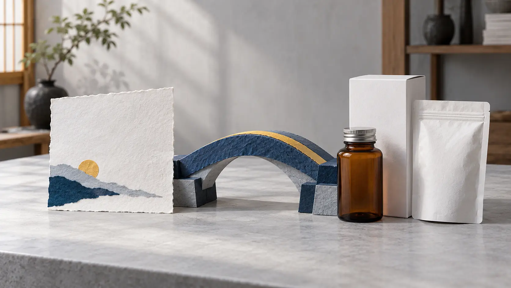 A handmade paper bridge connects a product idea with private-label packaging concepts