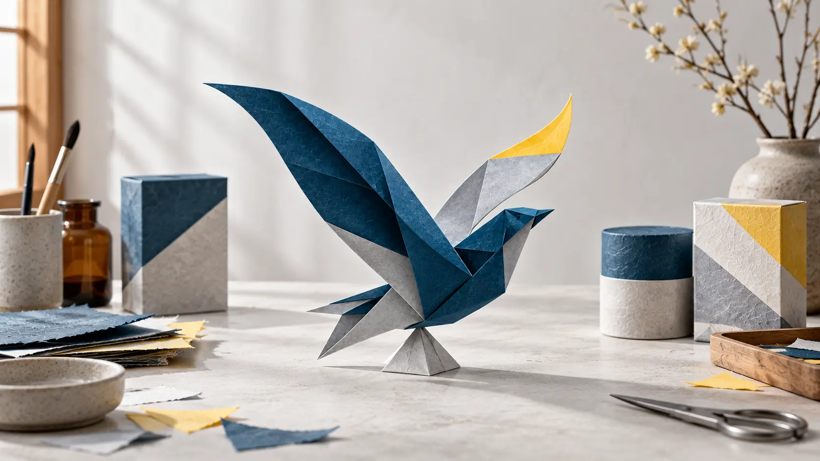 A handmade blue and grey paper bird with a yellow wingtip expresses a dream taking flight