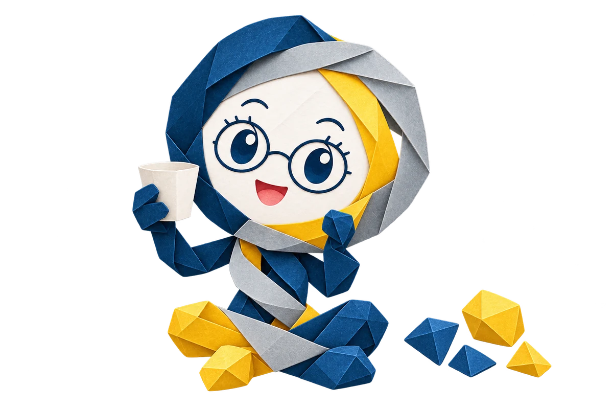 Origami Itoha holding a folded-paper drinking cup beside small paper pieces, a simple metaphor for consuming collagen and obtaining smaller components