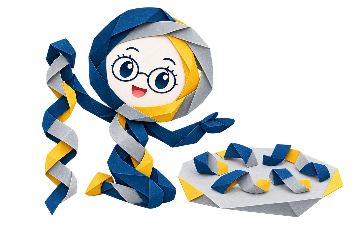 Origami Itoha showing a long paper ribbon and several shorter ribbon pieces as a metaphor for collagen peptide processing