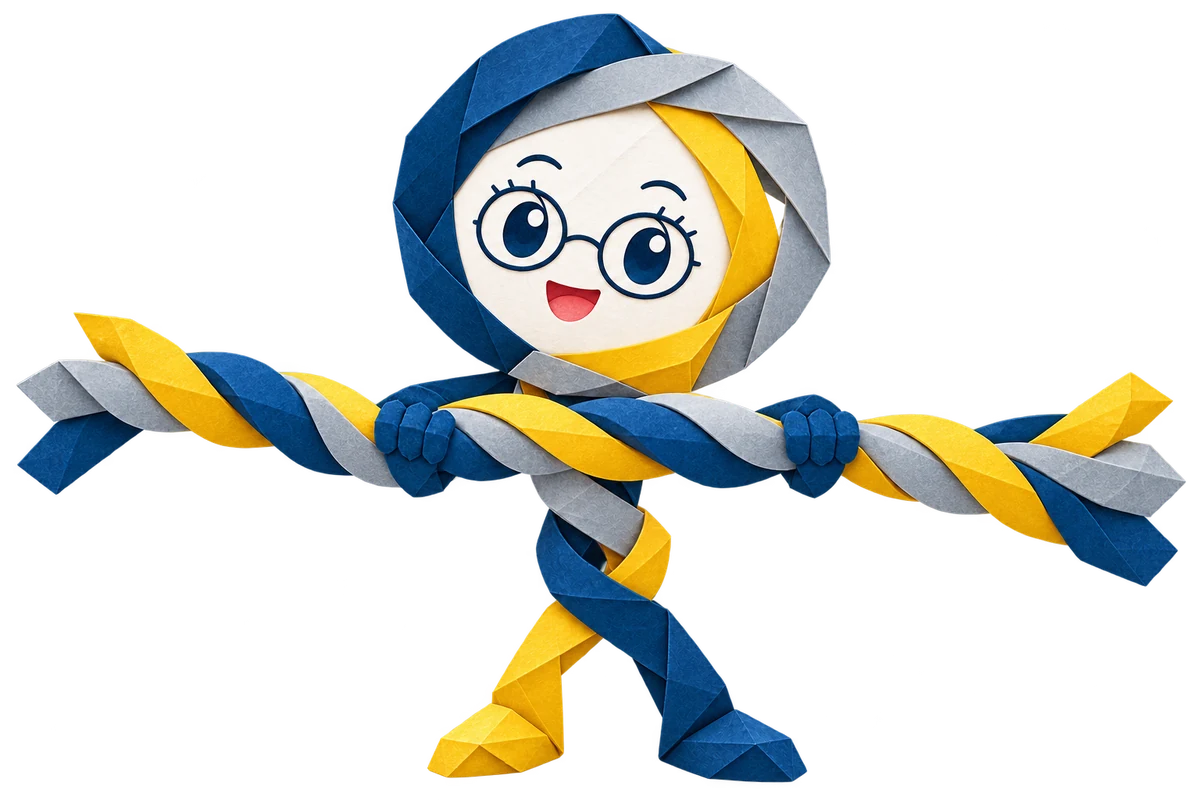 Origami Itoha holding a bundle of twisted blue, grey and yellow paper ribbons, a simple metaphor for collagen’s supporting structure