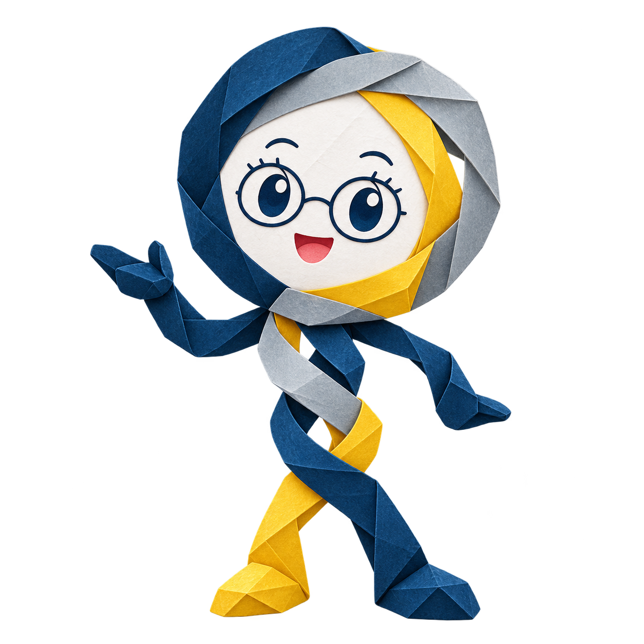 Itoha, the friendly collagen-thread guide, made from folded blue, grey and Yuzu yellow washi paper