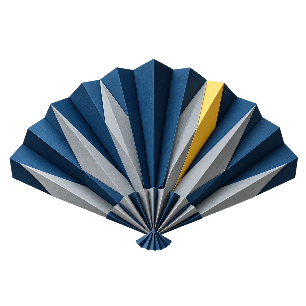 An open origami fan in blue, grey and yellow