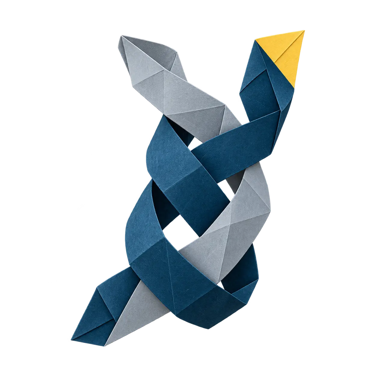 Intertwined ribbons of folded blue, grey and yellow paper